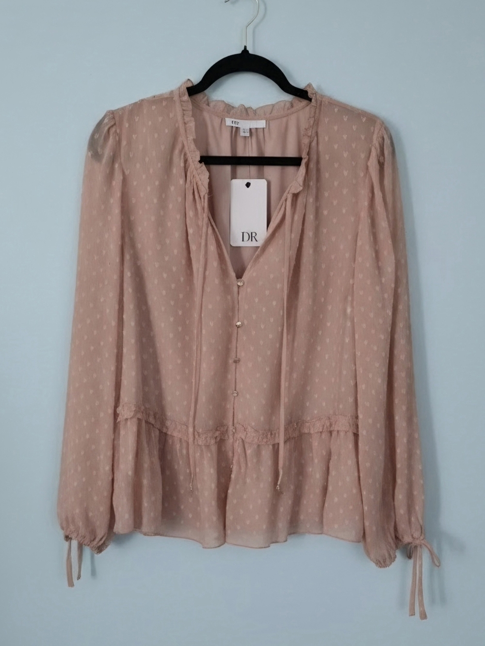 DR2 Blush Pink Swiss- Heart Dot Ruffle Tie-Cuff Blouse